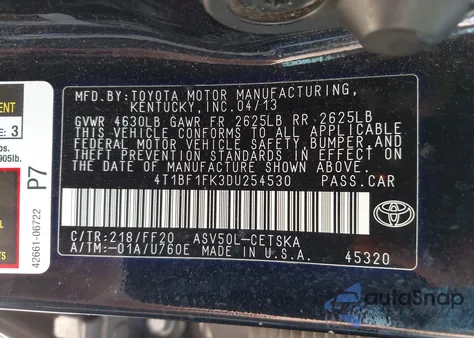 2013 Toyota Camry Se from USA, damaged, VIN 4T1BF1FK3DU254530